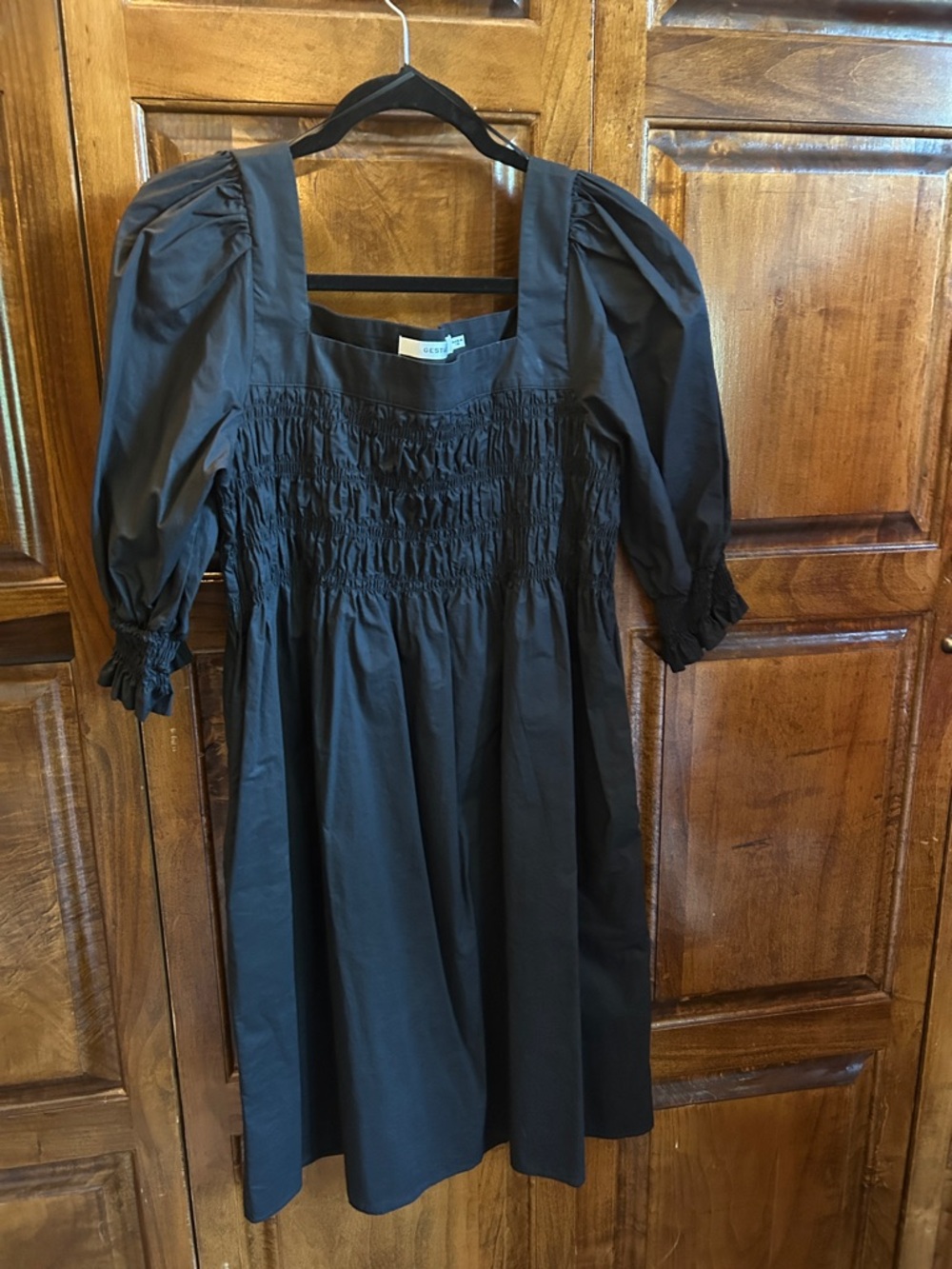 Smocked Puff-Sleeve Midi Dress in Black